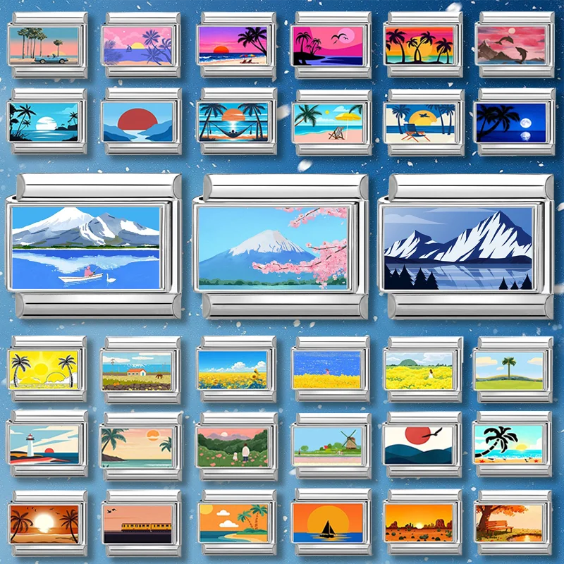 Fashion Colorful Scenery Boat Swan Lake Snow Mountain Charm Italian Link 9mm Bracelets Bangle Stainless Steel DIY Making Jewelry Qme