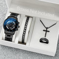 Relógio de quartzo com pulseira de aço masculino conjunto de joias pretas sem caixa, business, 4 pçs/set Qme black