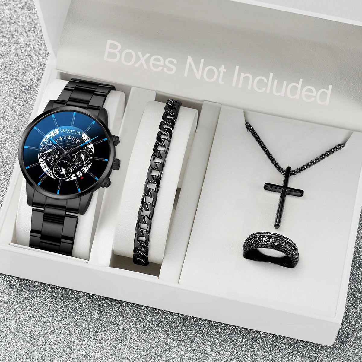 Relógio de quartzo com pulseira de aço masculino conjunto de joias pretas sem caixa, business, 4 pçs/set Qme black