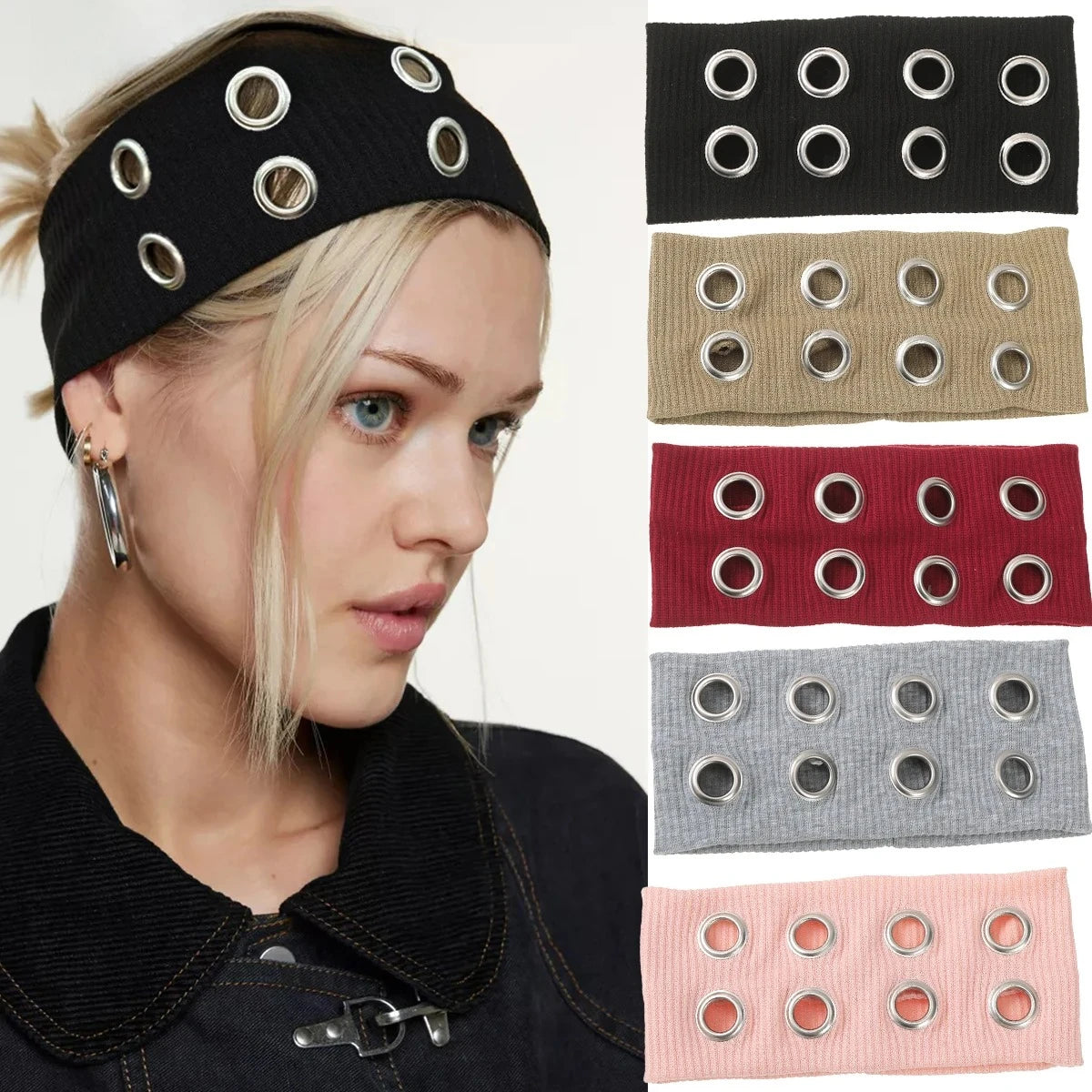 Punk Girl Fabric Hollow Elastic Headbands Metal Rock Personalized Hollow Eyelets Hair Band Casual Sports Grommet Headband Qme