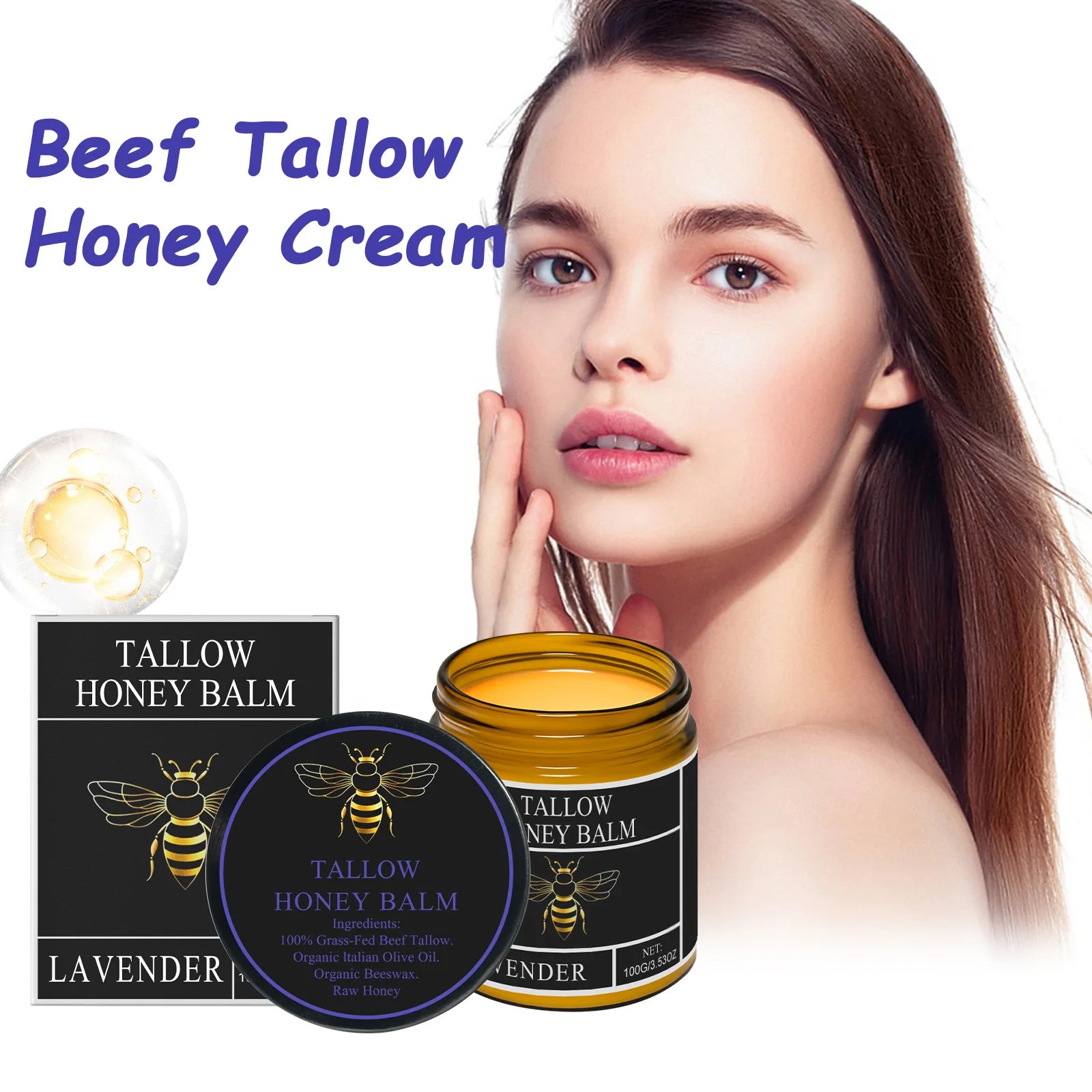 Beef Tallow Honey Cream Moisturizing Firming Soft Smoothing Skin Soothing Reduce Redness Hydrating Nourishing Tallow Honey Balm Qme