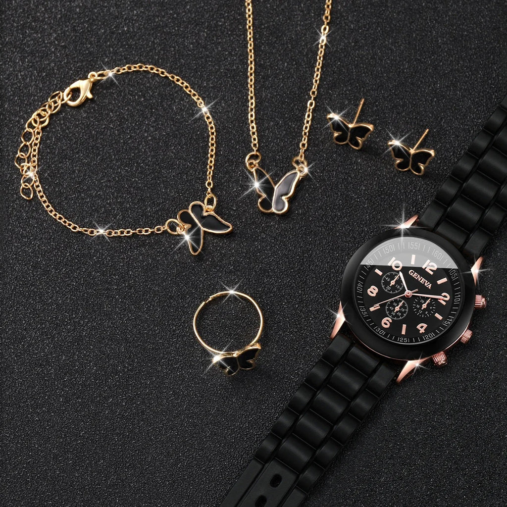Mulheres Relógio Quartzo de Genebra, Pulseira de Silicone, Conjunto de Jóias Borboleta sem Caixa, Fashion, 5 peças por conjunto Qme