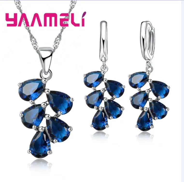 Anniversary Gift For Women Trendy 925 Sterling Silver Color Jewelry Sets Cubic Zirconia Pendants Necklaces Charm Hoop Earrings Qme Blue