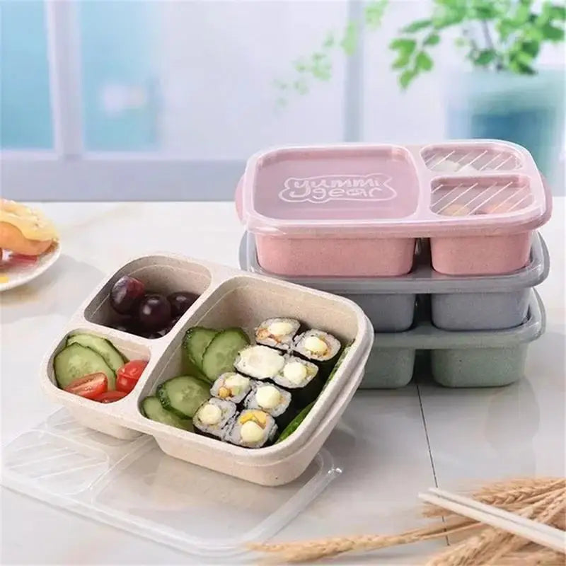 Portable Lunch Wheat Straw Box Single Layer 3 Grid Lid Microwave Food Qme