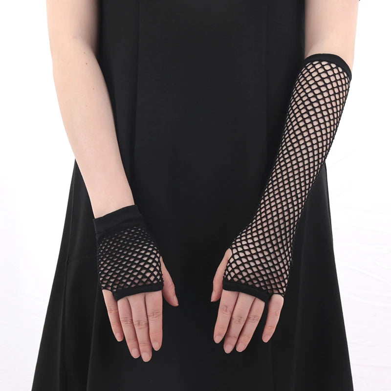 2 Pair Black Ladies Sexy Gloves Mesh Net Fishnet Hollow Fingerless Qme