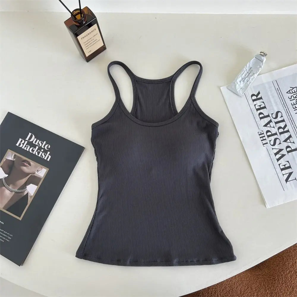 Women Underwear Wire-free Tank Crop Top Sexy Camisole Solid Color Chest Pad Tee American Retro Sleeveless Slim Tank Top Qme SH One Size