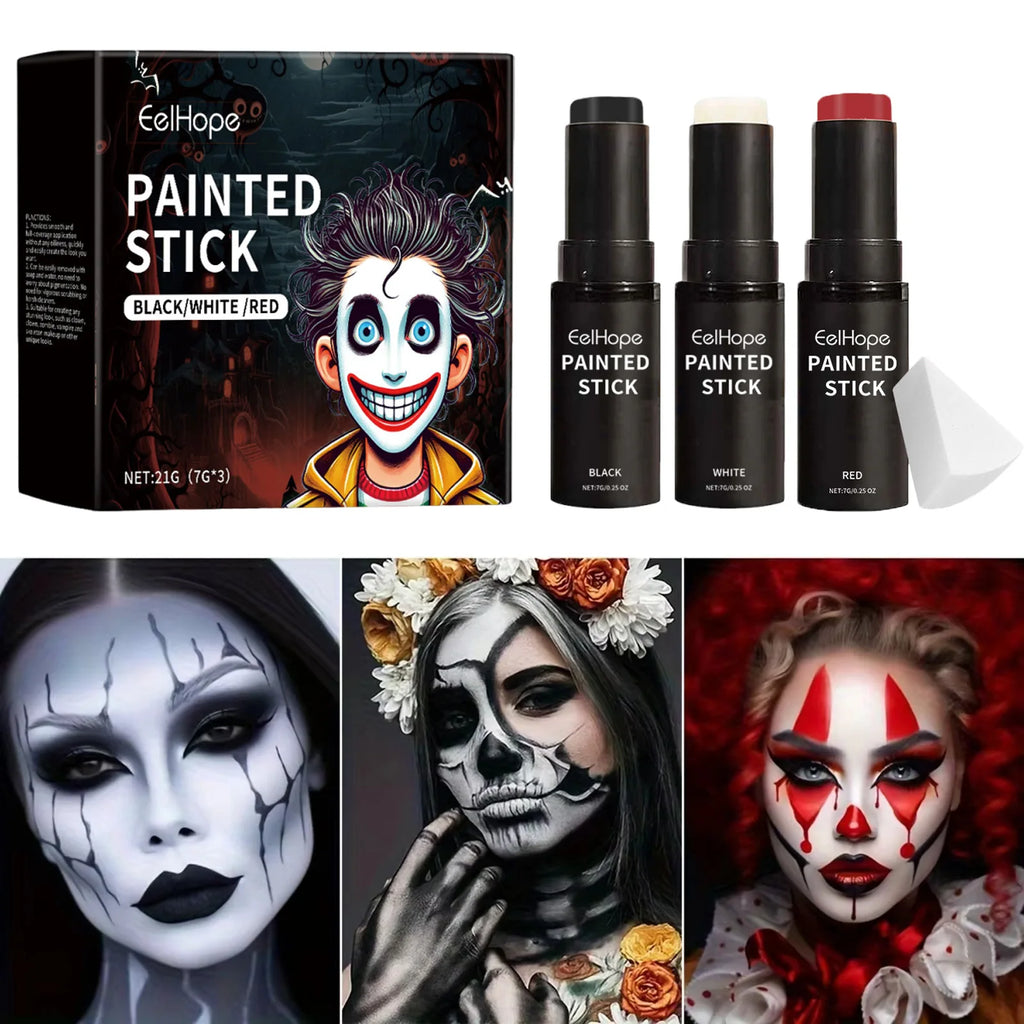 Body Paint Set Black White Red Face Painting Crayons Cosplay Clown Zombie Vampire Makeup Full Coverage Easy Remove Party Kit Qme
