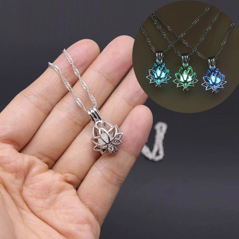 Luminous Glowing In The Dark Moon Lotus Flower Shaped Pendant Necklace for Women Yoga Prayer Buddhism Hip Hop Punk Jewelry Qme