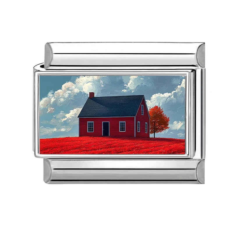 Spring Scenery Rape Flower Red Vintage Car Tree House Charms Italian Links Fit 9mm Bracelet Stainless Steel DIY Making Jewelry Qme Style 16