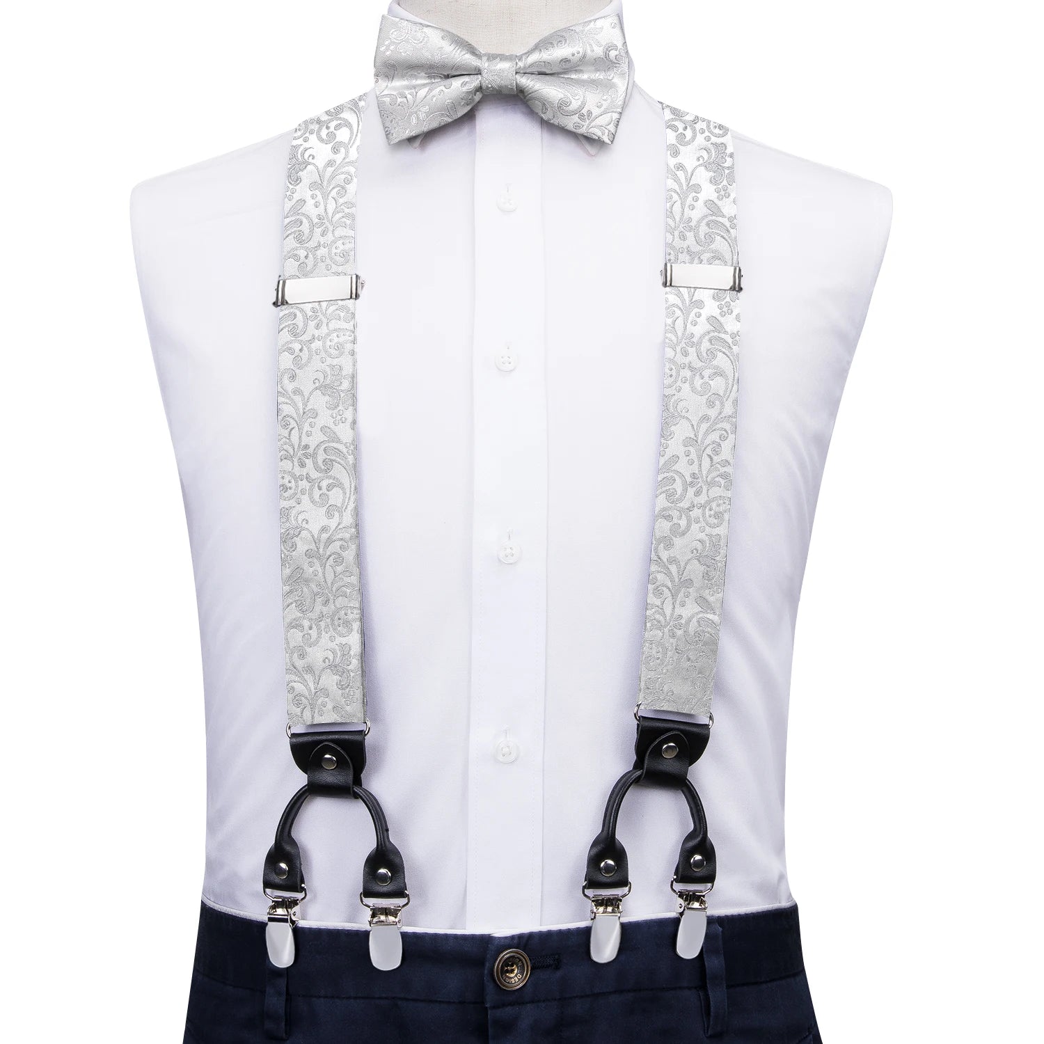 Silk Woven Mens Suspenders Bow Tie Hanky Cufflinks Strength 6 Clips Qme BD-3062