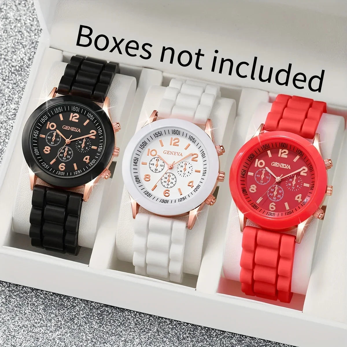 Ladies Silicone Strap Wristwatches with Three Dials and Quartz Movement - Set of 3 (Boxes Not Included) Qme black white red