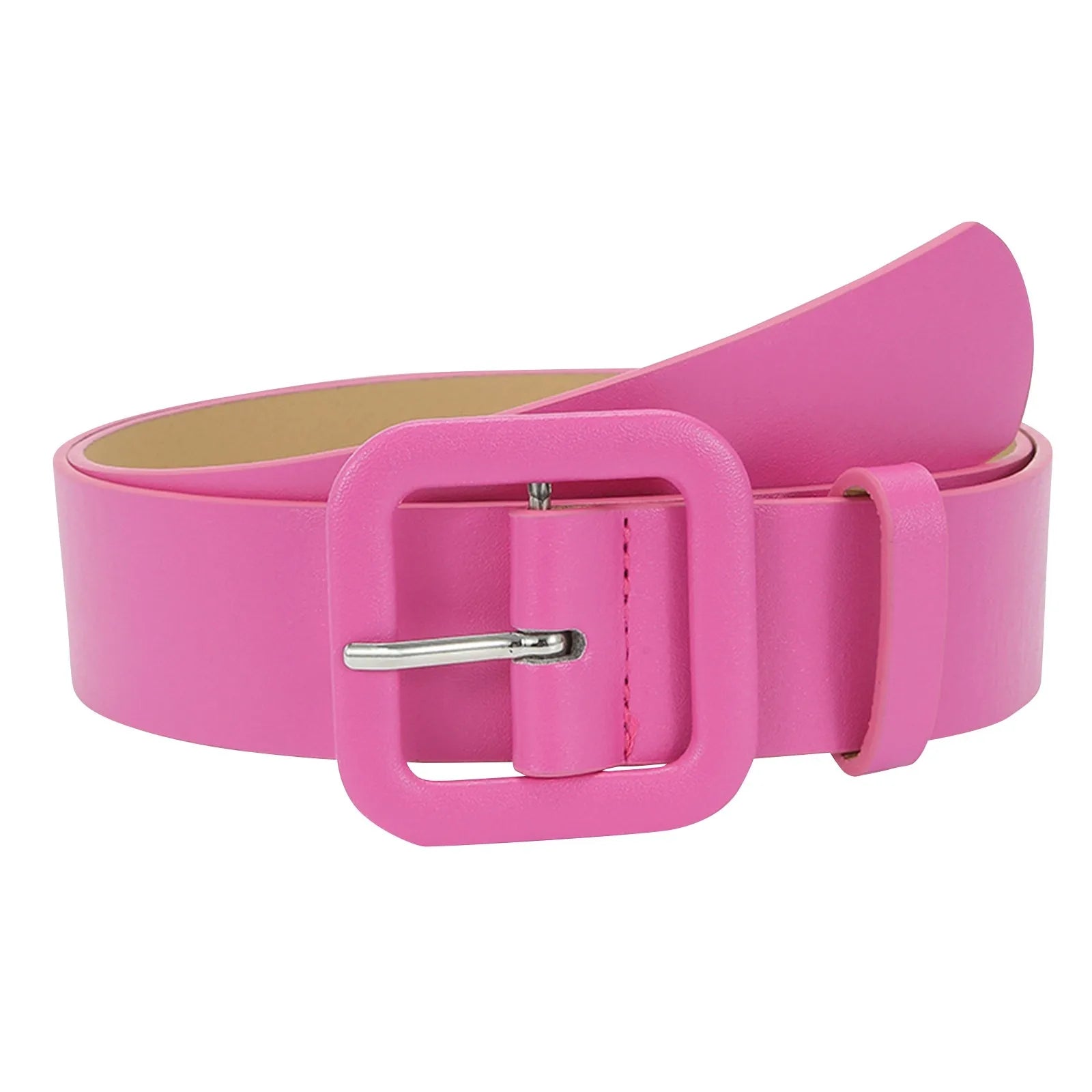 Ladies' Square Buckle Candy Colored Decorative Belt Fashionable Casual Versatile PU Leather Wide Belt Daily Dress Up Accessories Qme Hot Pink