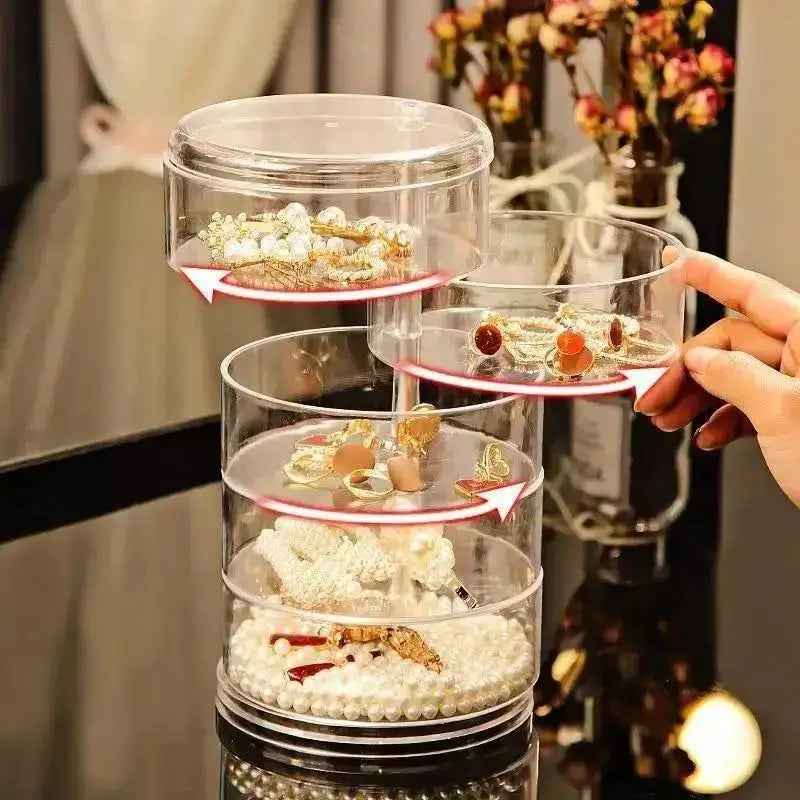 Rotating Jewelry Storage Box For Makeup Storage Rack Bracelet Earring Round Plastic Organizer Box Holder Display Rack With Cover Qme