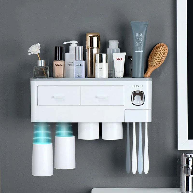 Magnetic Adsorption Inverted Toothbrush Holder Automatic Toothpaste Dispenser With Cup Toothpaste Bathroom Accessories Set Qme