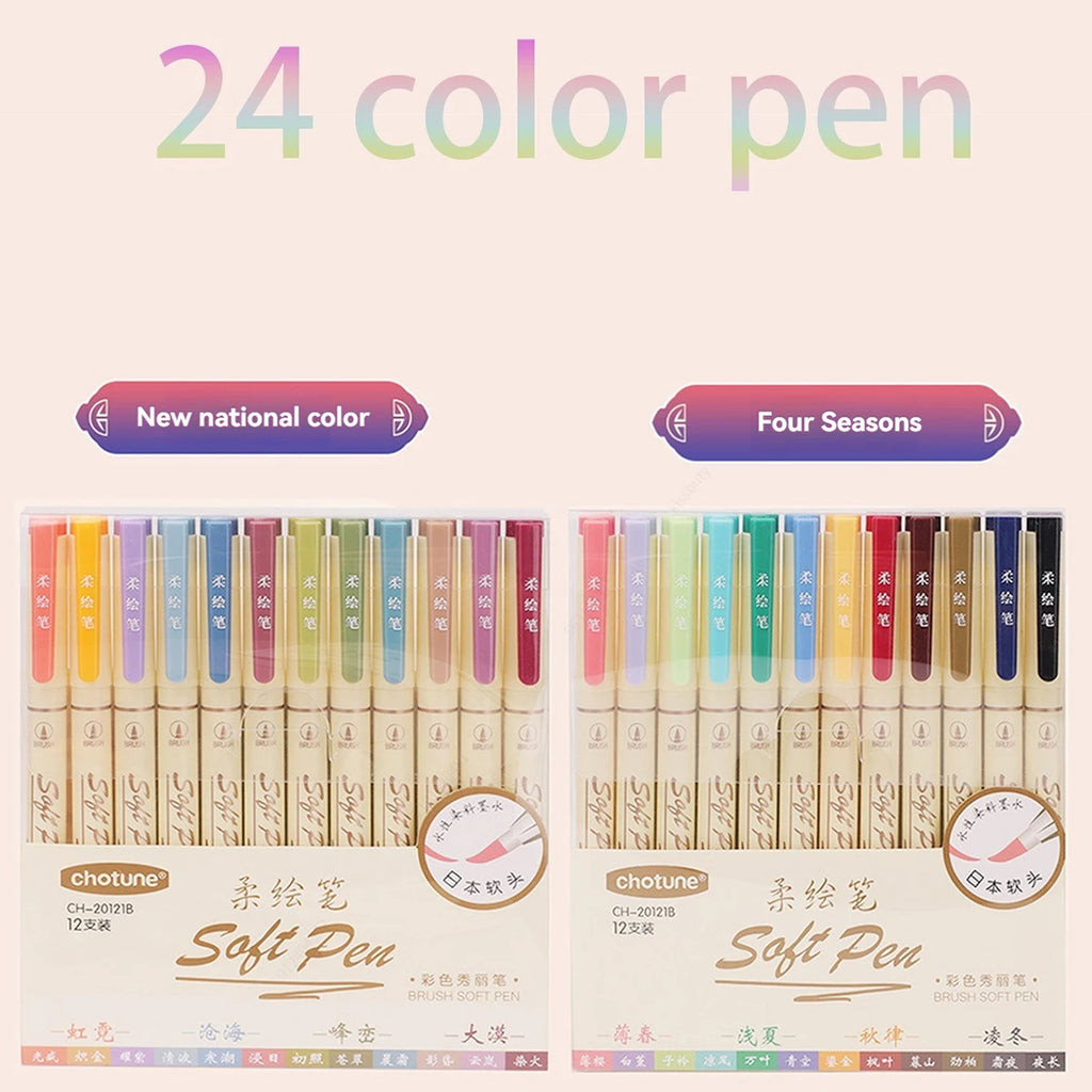 24Color Soft Head Colorful Calligraphy Pen Brush Water-based Pigment Ink Drawing Graffiti Art School Stationery Supplies Qme