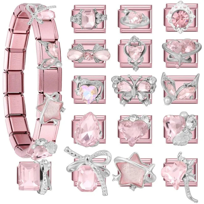 Wholeasle Shiny Round Zircon Bow Beautiful Stars Italian Charm Links Fit 9mm Stainless Steel Bracelet Women Jewelry DIY Making Qme