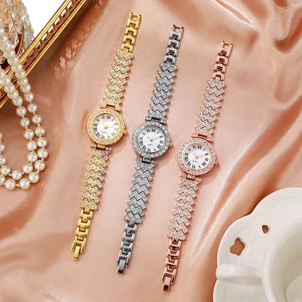 2026 5pcs Elegant Rhinestone Women Watches Fashion Roma Dial Bracelet Band Quartz Wristwatch Jewelry Set Reloj Mujer（Without Box Qme