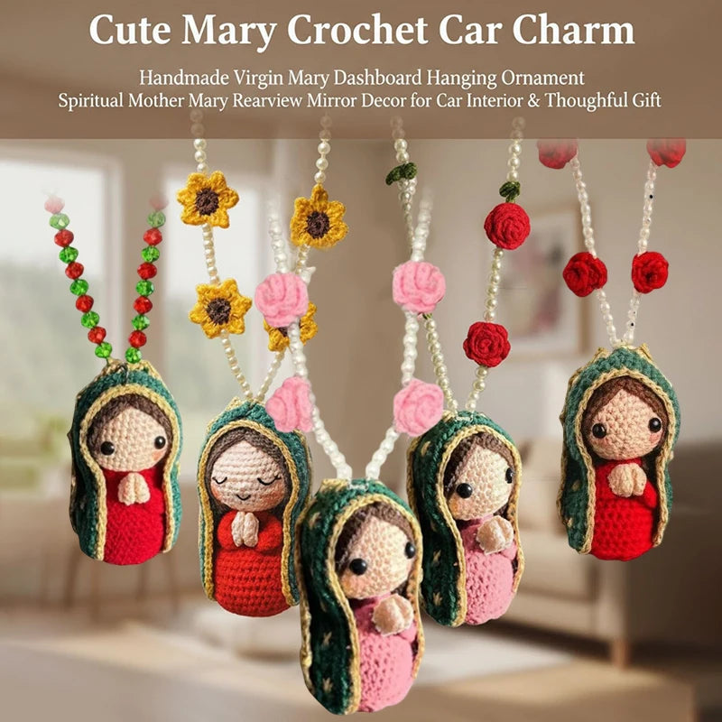 Cute Mary Statue Car Interior Decoration, Handmade Virgin Mary Charm Crochet, Elegant Religious Figurines Hanging Decor Qme