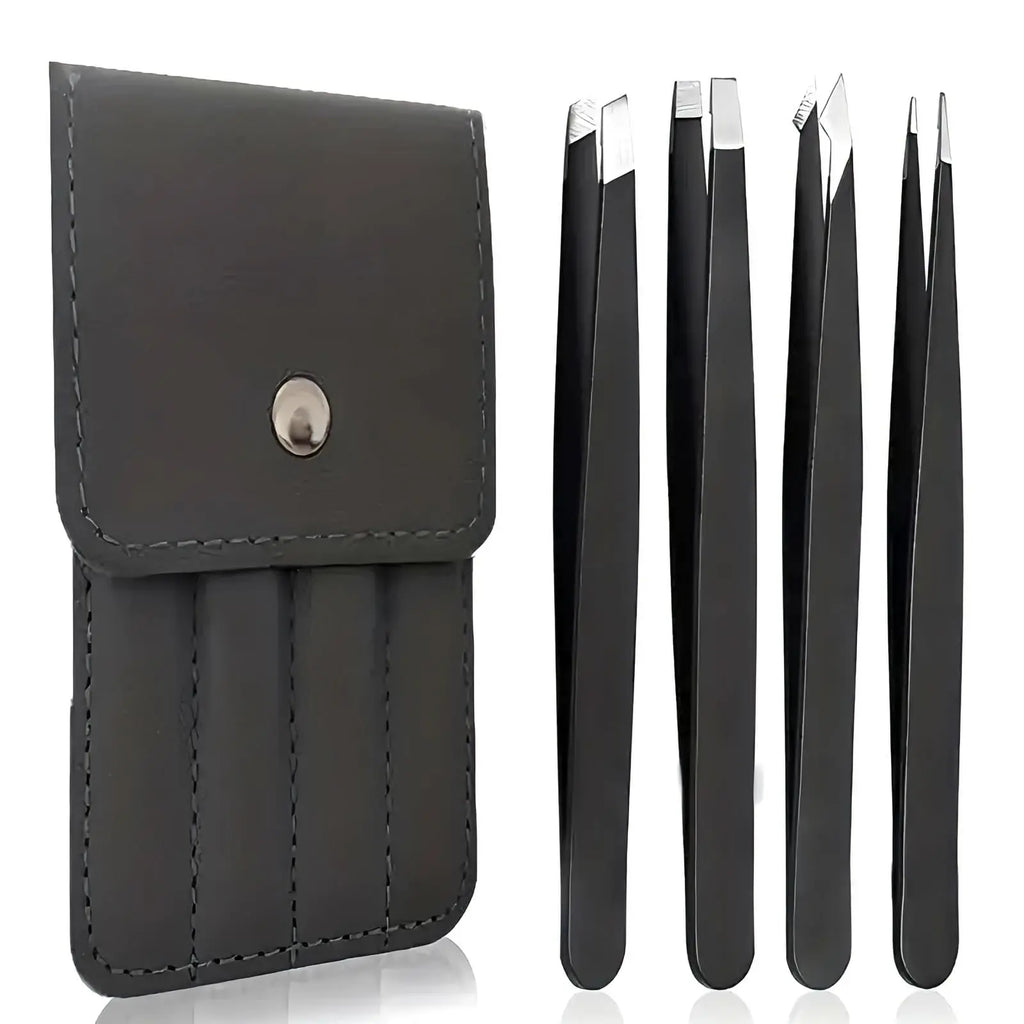 Tweezers Professional Stainless Steel Men Women Precision Eyebrow Qme 4Pcs Black