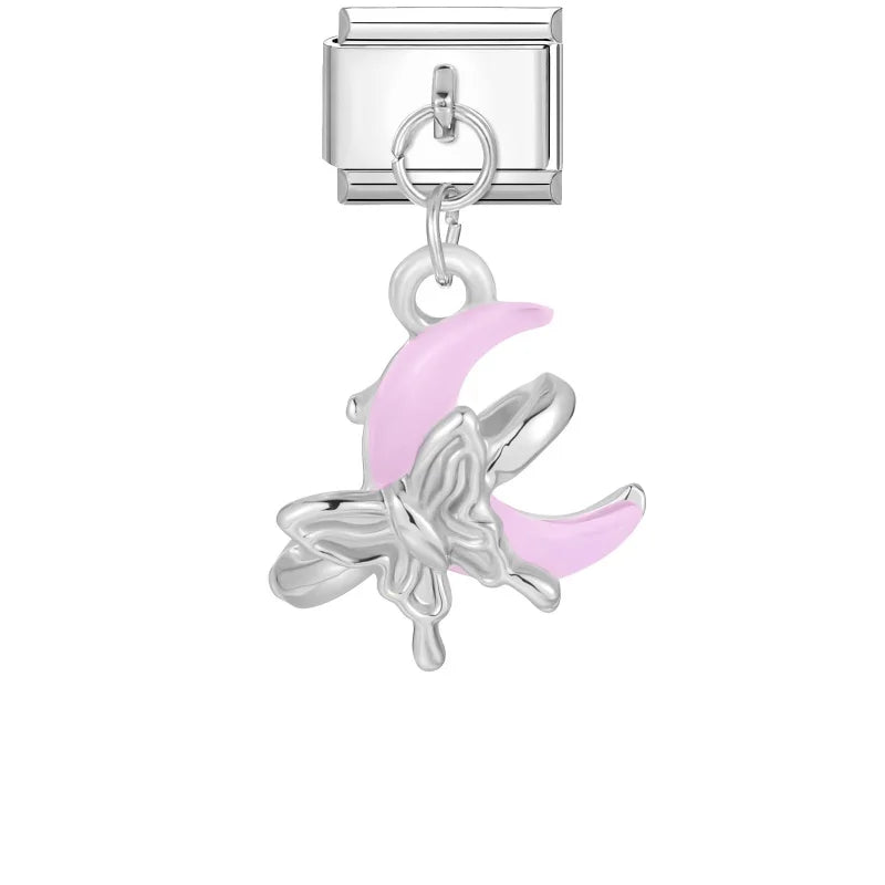 New 2026 Fashion Sweet Pink Moon Star Butterfly Pendant Italian Charm Links Fit 9MM Stainless Steel Bracelet DIY Making Gifts Qme Style 4