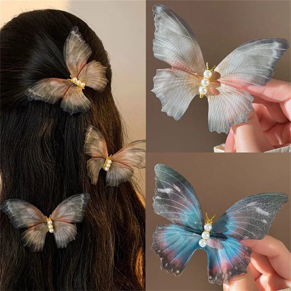 Dynamic Chiffon Butterfly Hair Clip Fairy Pearl Ancient Style Temperament Female Hair Accessories Gift Wholesale Qme