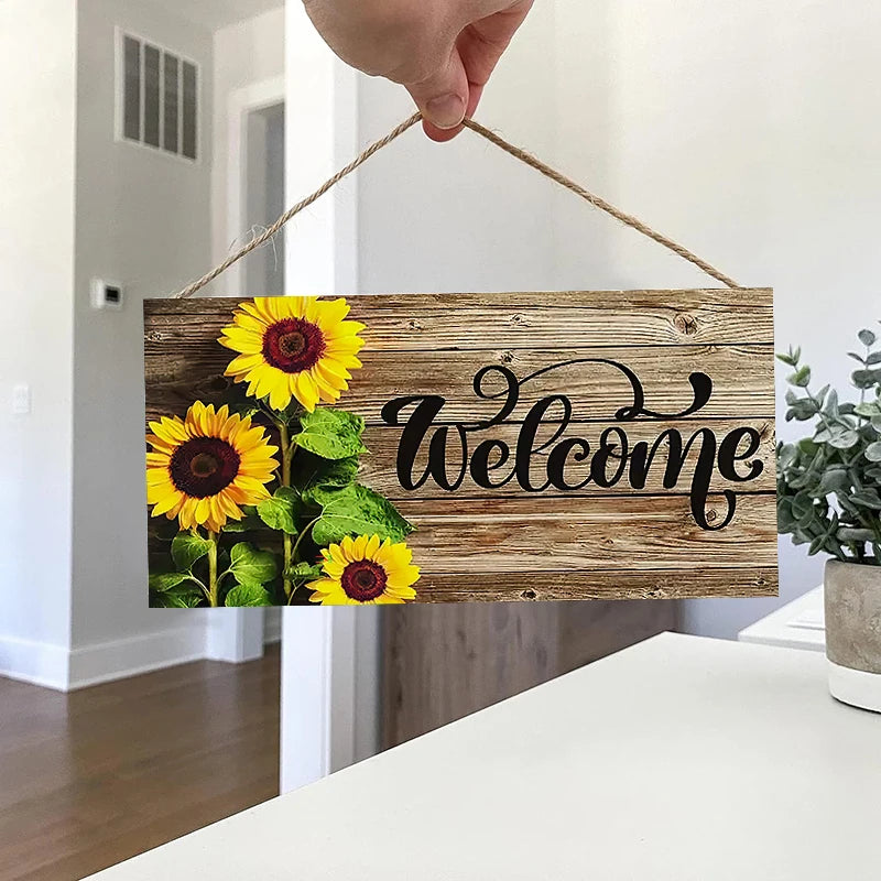 Rustic Sunflower Welcome Wall Hanging Decor Wood Art Plaques Sign Door Sign for Home Living Room Kitchen Decor Qme S
