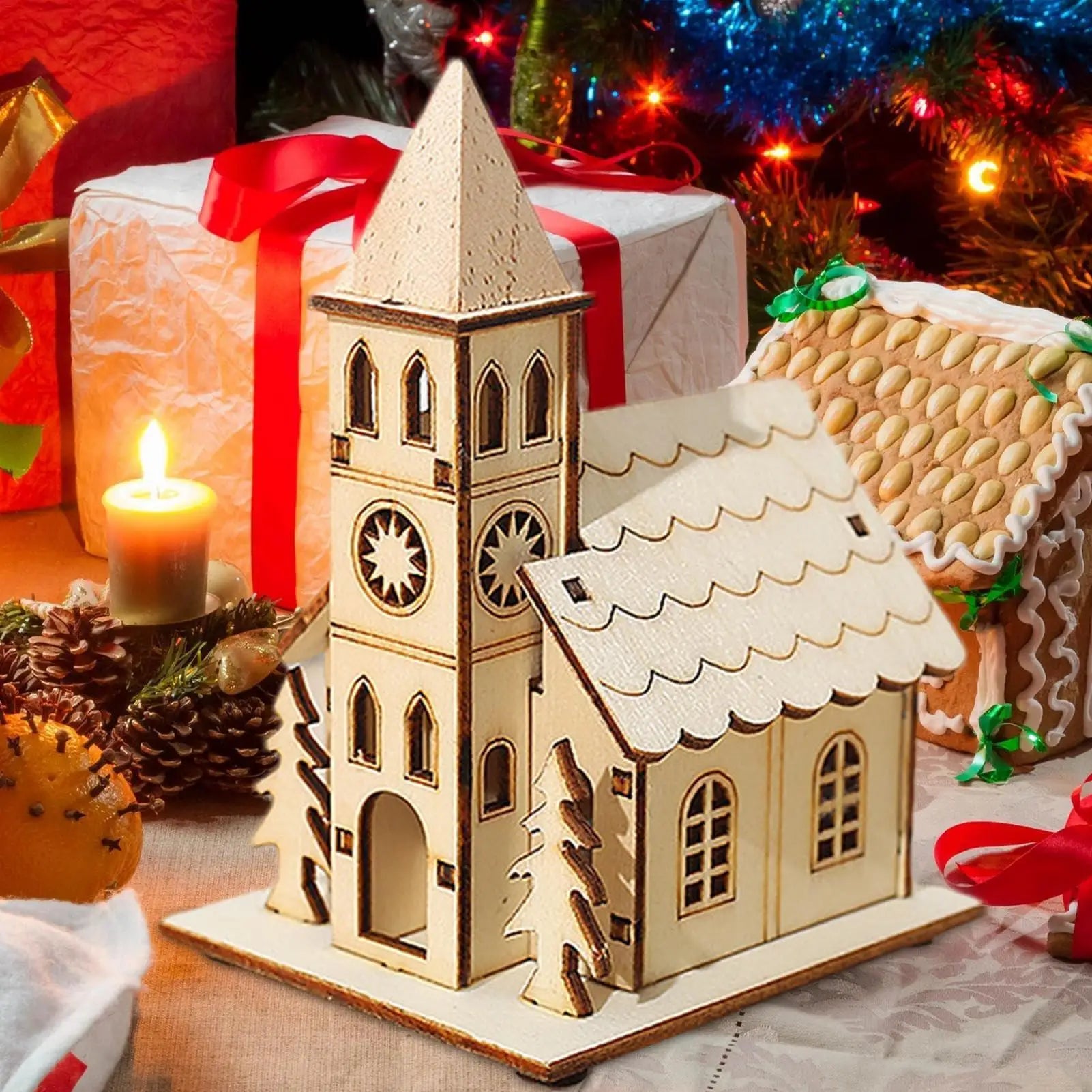 Christmas House for Table Light up Table Cabin 3x Funny Holiday Decoration Cute Desk Ornament for Bedroom Kitchen Farmhouse Qme