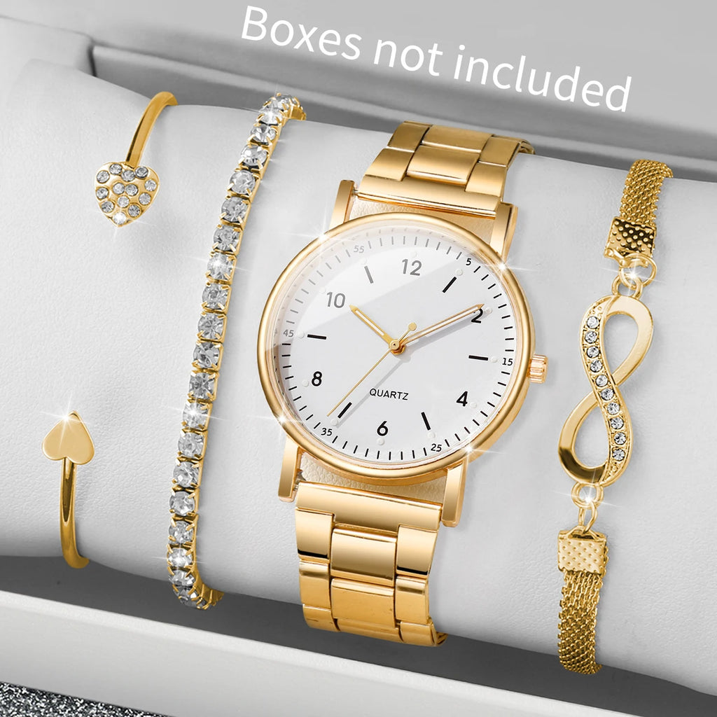 4PCS/Set Golden Simple Digital Disc Steel Belt Women's Watch Unlimited Diamond Set Bracelet Four Piece Set Qme Gold White No Box