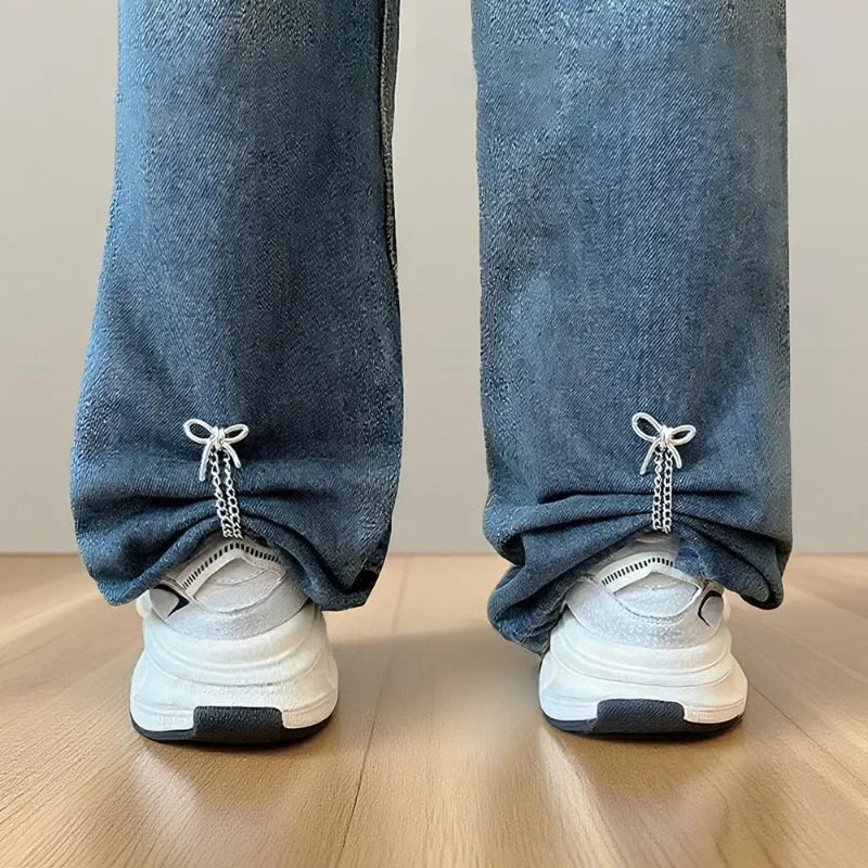 Multi Layer Tassel Chain Jeans Pants Cuff Clips Bow Star Pearl Decor Brooch Pins Adjustable Pant Leg Cuff Fixing Buckle Qme