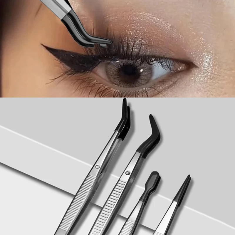 Black Silicone Tips Tweezers Stainless Steel Straight Curved False Eyelash Tweezers Hair Removal Makeup Tool Picking Tool Qme