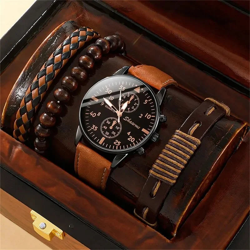 2026 4pcs/5pcs Men's leather strap watch, high-end Hong Kong style fashion watch, business binocular watch set Qme