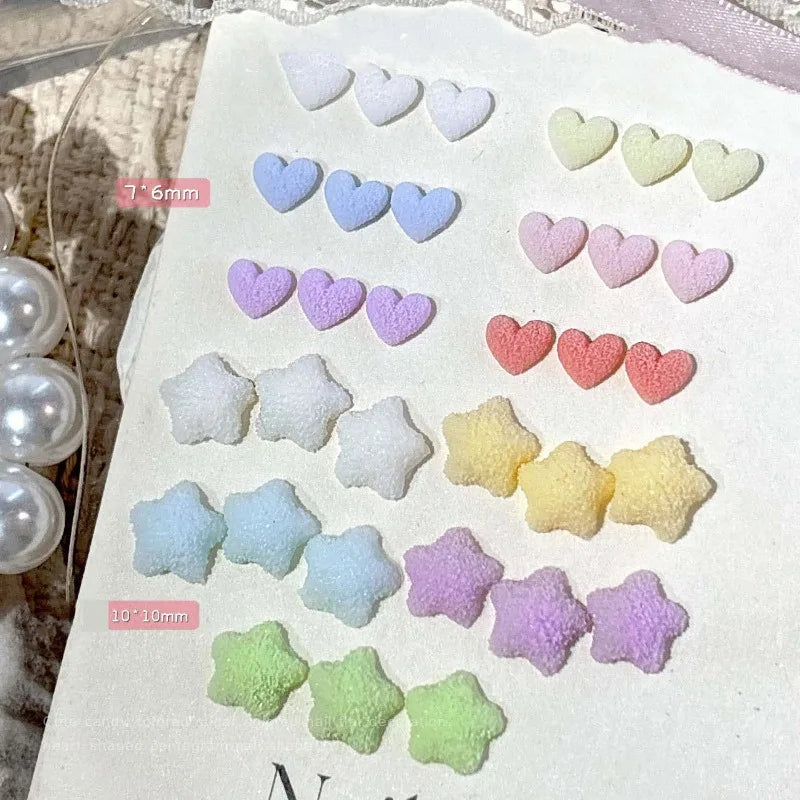Candy Color Frosted Heart & Star Nail Charms, Sugar Texture Resin Rhinestones, Flat Back 3D Nail Art Decoration for DIY Manicure Qme