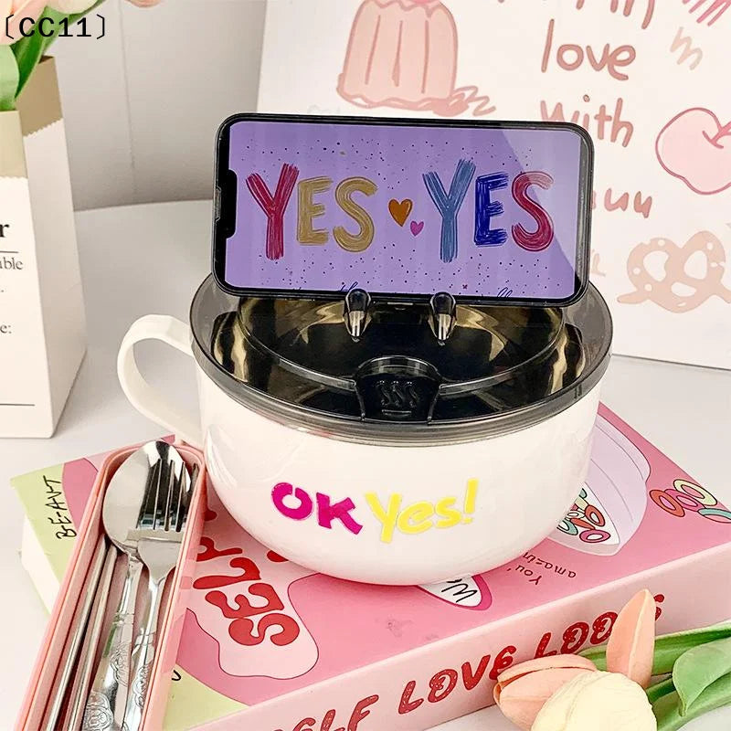 Stainless Steel Bowl Lid Instant Noodles Sealed Drain Kitchen Qme