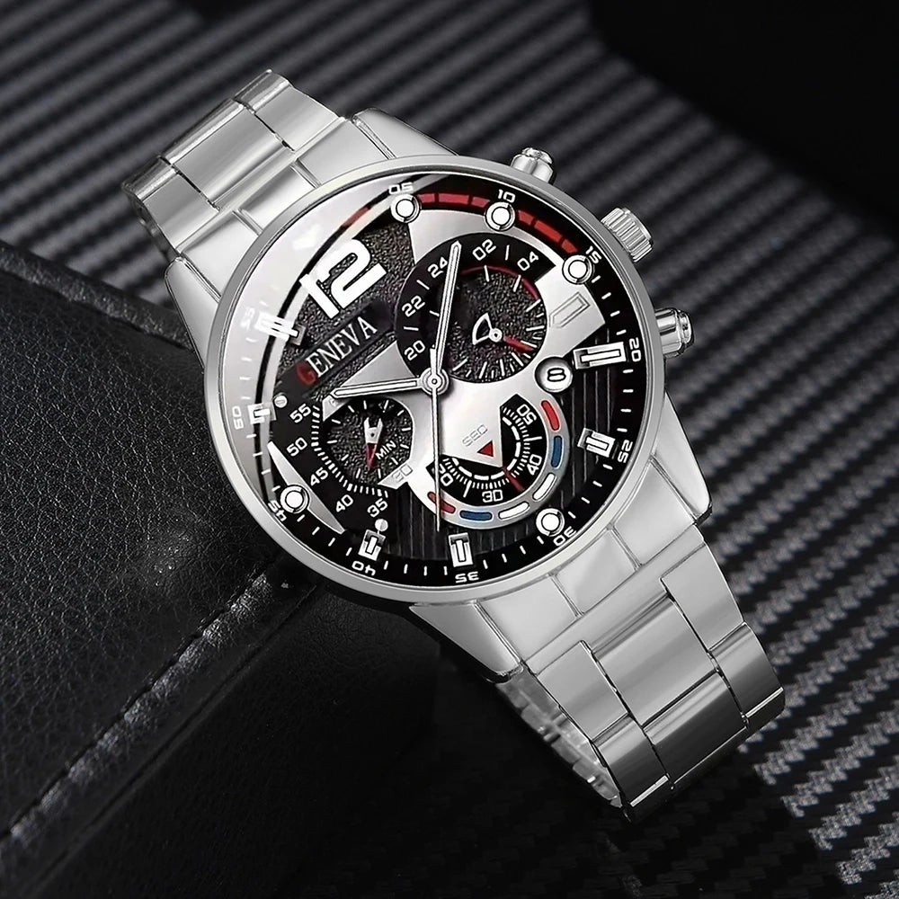 4Pcs Cross Men Watch Jewelry Set Silver Stainless Steel Chronograph Wristwatch Cuban Bracelet Cross Necklace Ring Gift For Him Qme