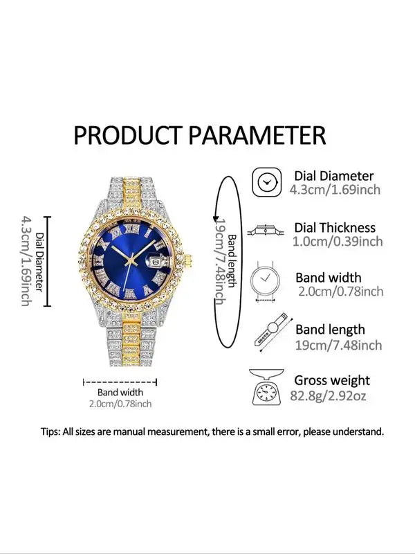 Stainless Steel Watch Set with Roman Numerals, Cuban Link Bracelet & Cross Pendant Necklace, Unisex Casual Quartz Wristwatch Gif Qme