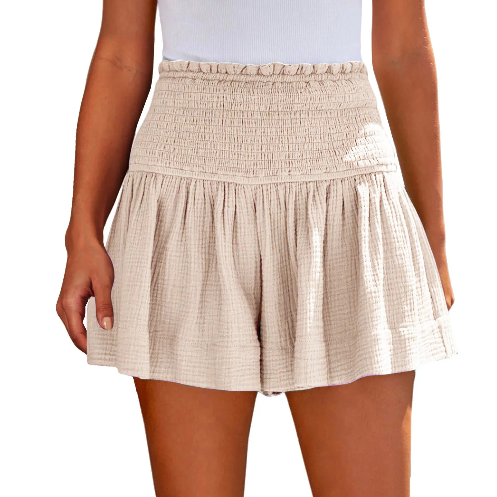 Ladies’ Large Sized High Waist Casual Soft Solid Color Breathable Fashion Wide Leg Shorts Summer Elastic Waist Pleated Trousers Qme Beige L