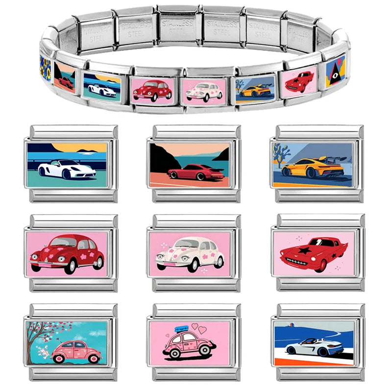 Vintage Car Fashion Classic Car Sport Car Colorful Italian Charms Fit 9mm Stainless Steel Women Bracelet DIY Jewelry Gift 2026 Qme