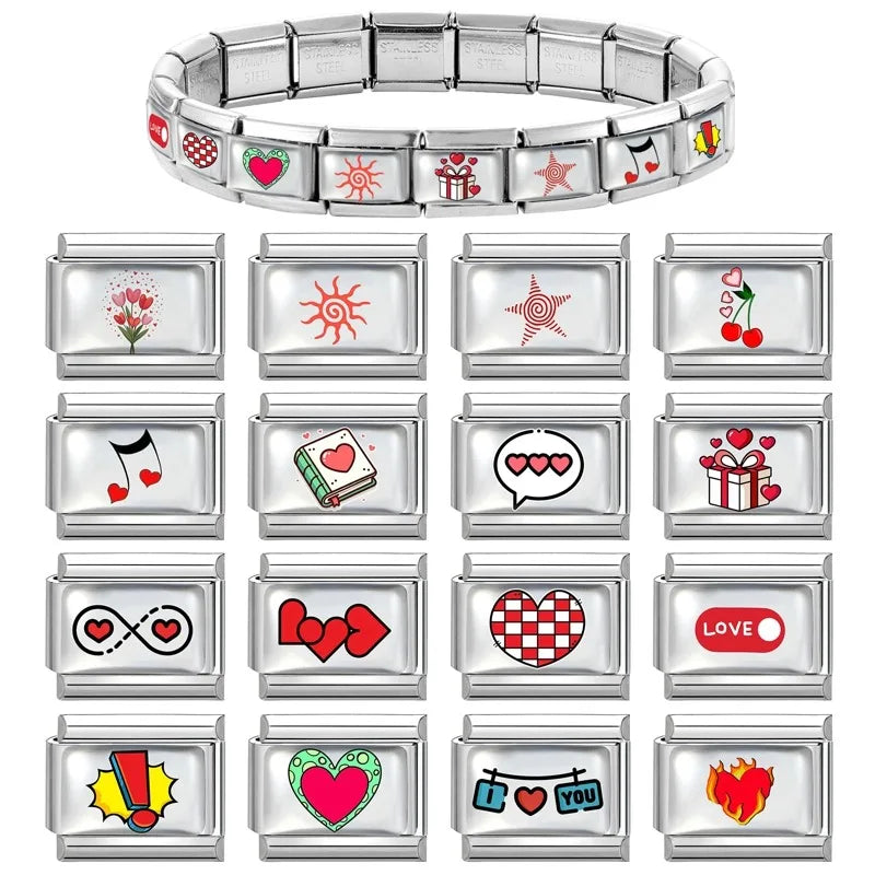 New Y2K Red Series Colorful Love Heart Gift Sun Star Italian Charm Link fit 9mm Stainless Steel Jewelry DIY Making Bracelet Gift Qme