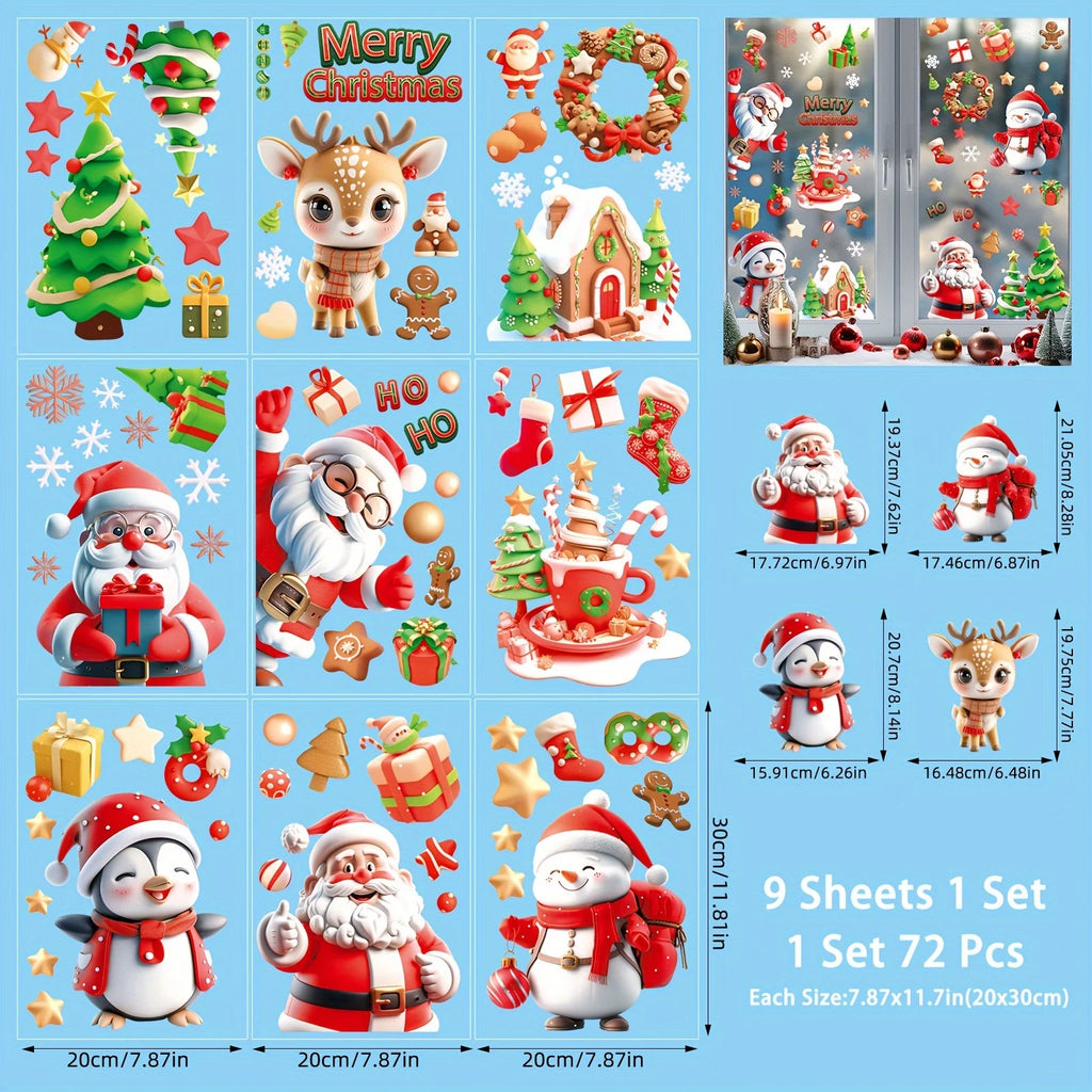 9 sheets/72 pieces, Santa Snowman glass stickers, Christmas tree refrigerator decoration stickers, double-sided window stickers, Qme