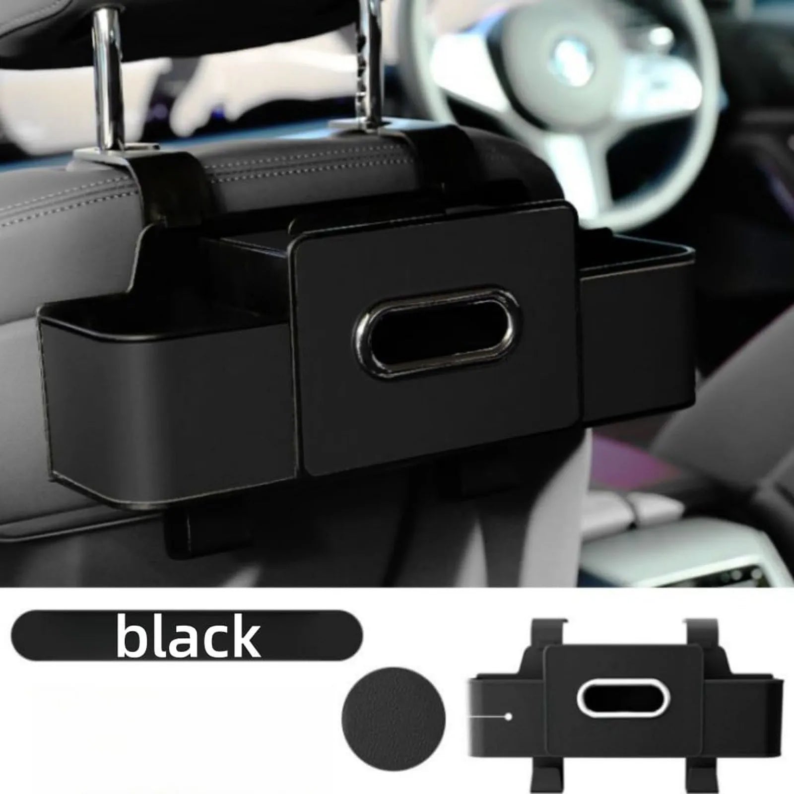 Car Storage Organizer Multifunctional Car Seat Back Storage Box with 2 Cup Holders, Tissue Box and Hook Suitable for Most Car Qme Black