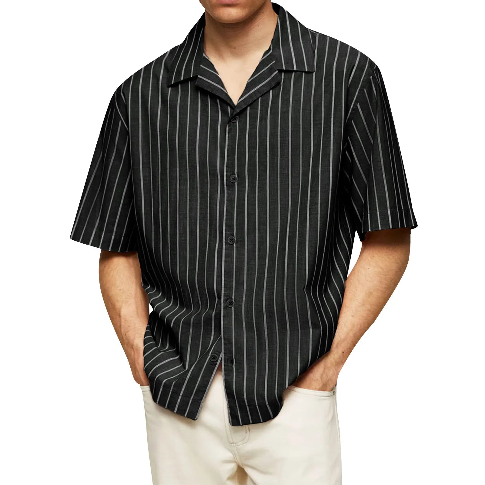 Male Fashionable Stripped Patchwork Retro Business And Daily Half Sleeved Summer Cardigan With Buttons Basics And Versatile Qme Black XL