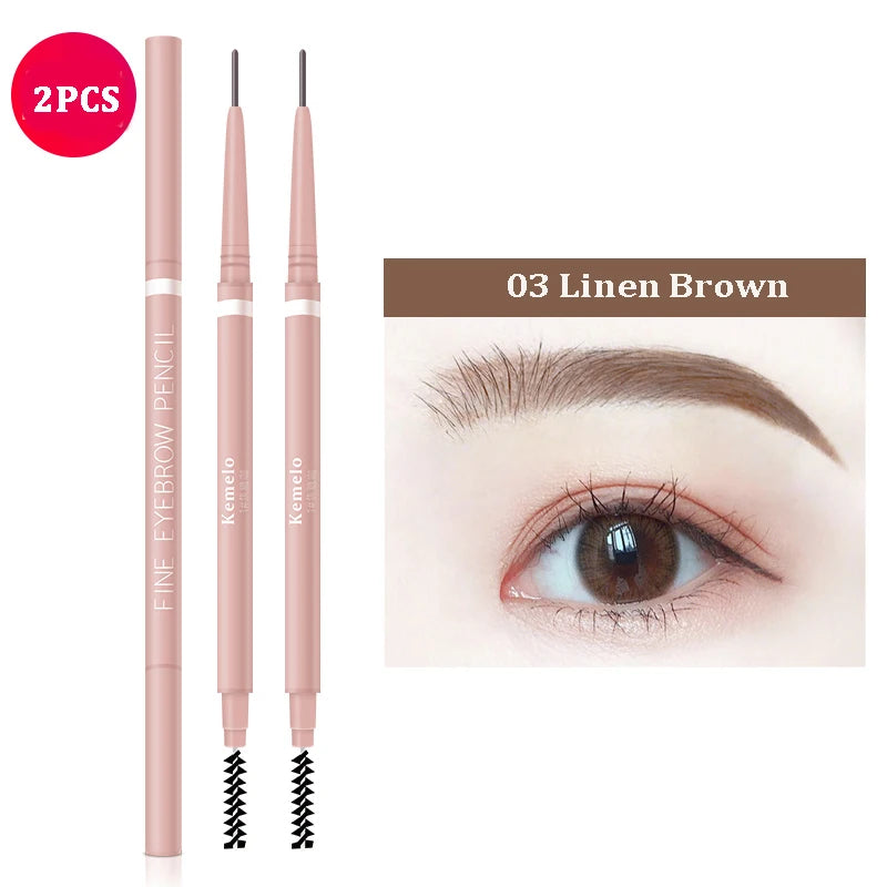 1.5mm Ultra Fine Double-Ended Eyebrow Pencil Automatic Rotating Natural Waterproof Long Lasting Professional Eyebrow Pen Makeup Qme 03 Linen Brown(2Pcs)