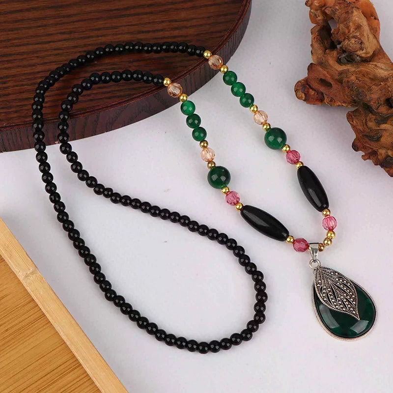 Fashion Black Beads Chain Long Necklaces Green Stone Water Drop Pendant Necklace Sweater Chain Jewelry For Women Gift Qme