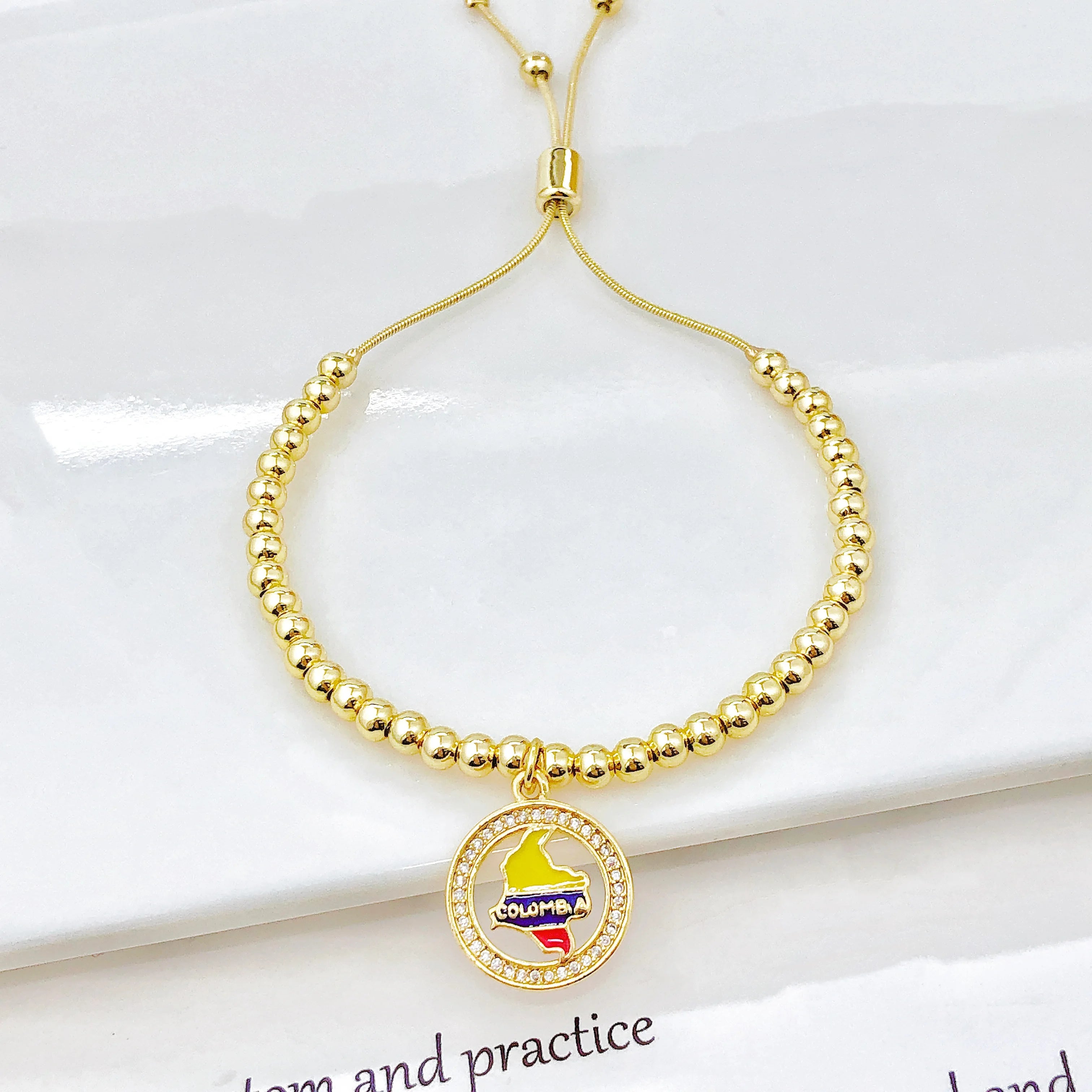 Gold-Plated Copper Bead Chain Venezuela Colombia Dominican Map Flag Bracelet Classic for Men Women Holiday Anniversary Jewelry Qme 4
