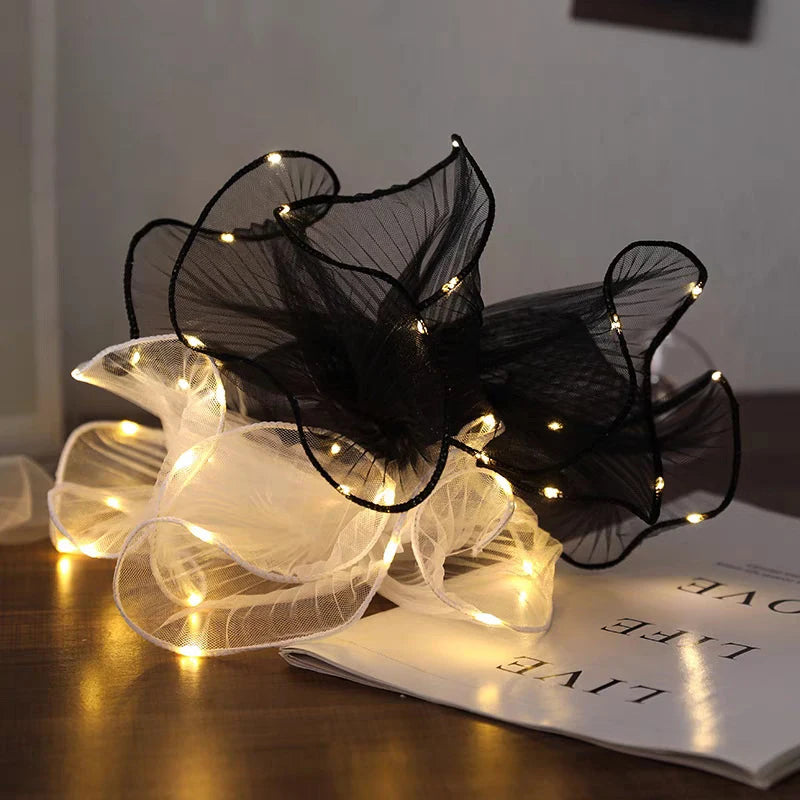 1Pcs LED Flower Wrapping Paper With Lights Lace Mesh Wave Yarn Florist Bouquet Packaging Decoration Wedding Birthday Gifts Qme