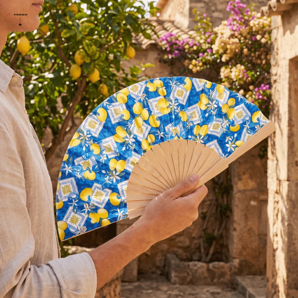 Fashion Lemon Print Folding Hand Fan Delicate Wooden Handle Cranked Qme