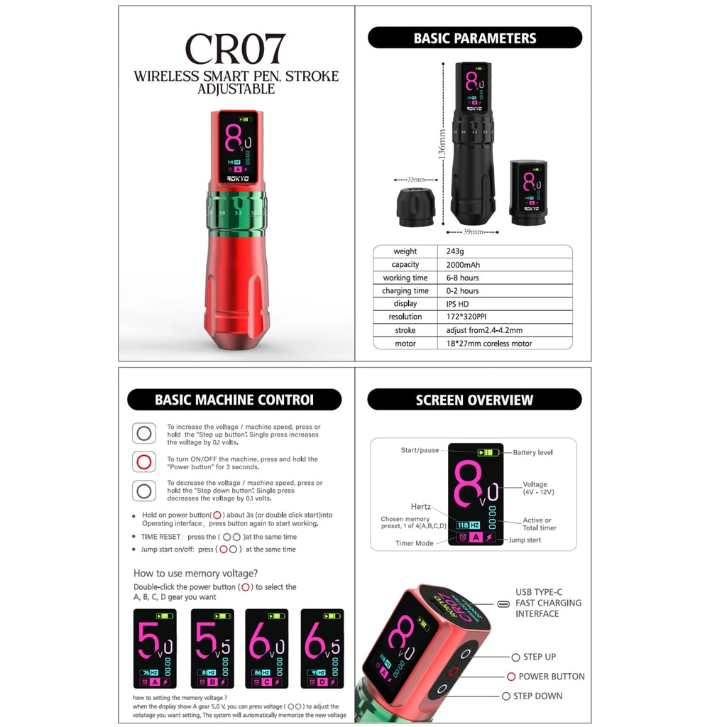 Adjustable Stroke Wireless Tattoo Pen Machine Gun 2.4-4.2mm Rechargeable Battery 2000mAh For Profession PMU Tattoo Supplies Qme