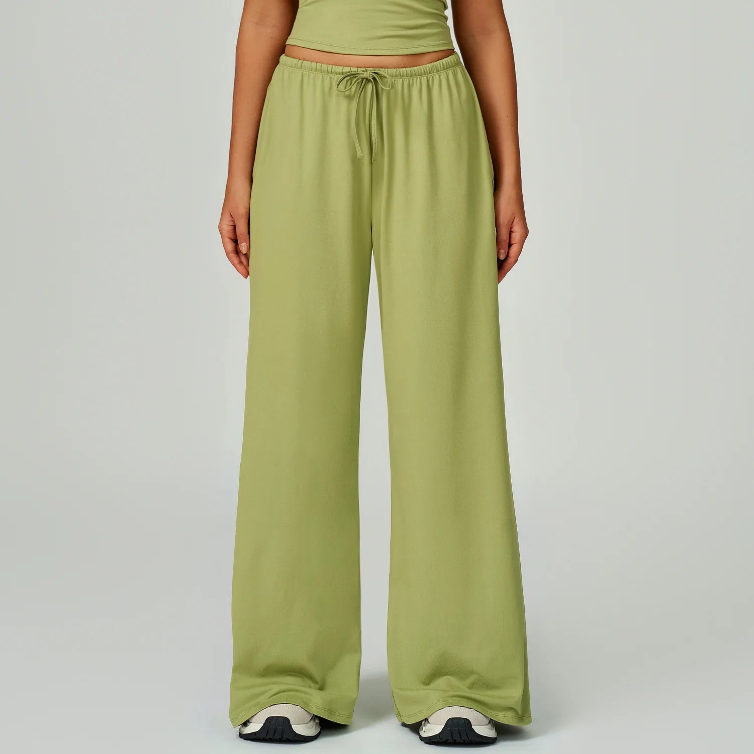 A Women Drawstring High Waist Sports Pants Quick Dry Full Length Wide Leg Yoga Trousers With Pockets For Workout Outdoor Use Qme lime green L