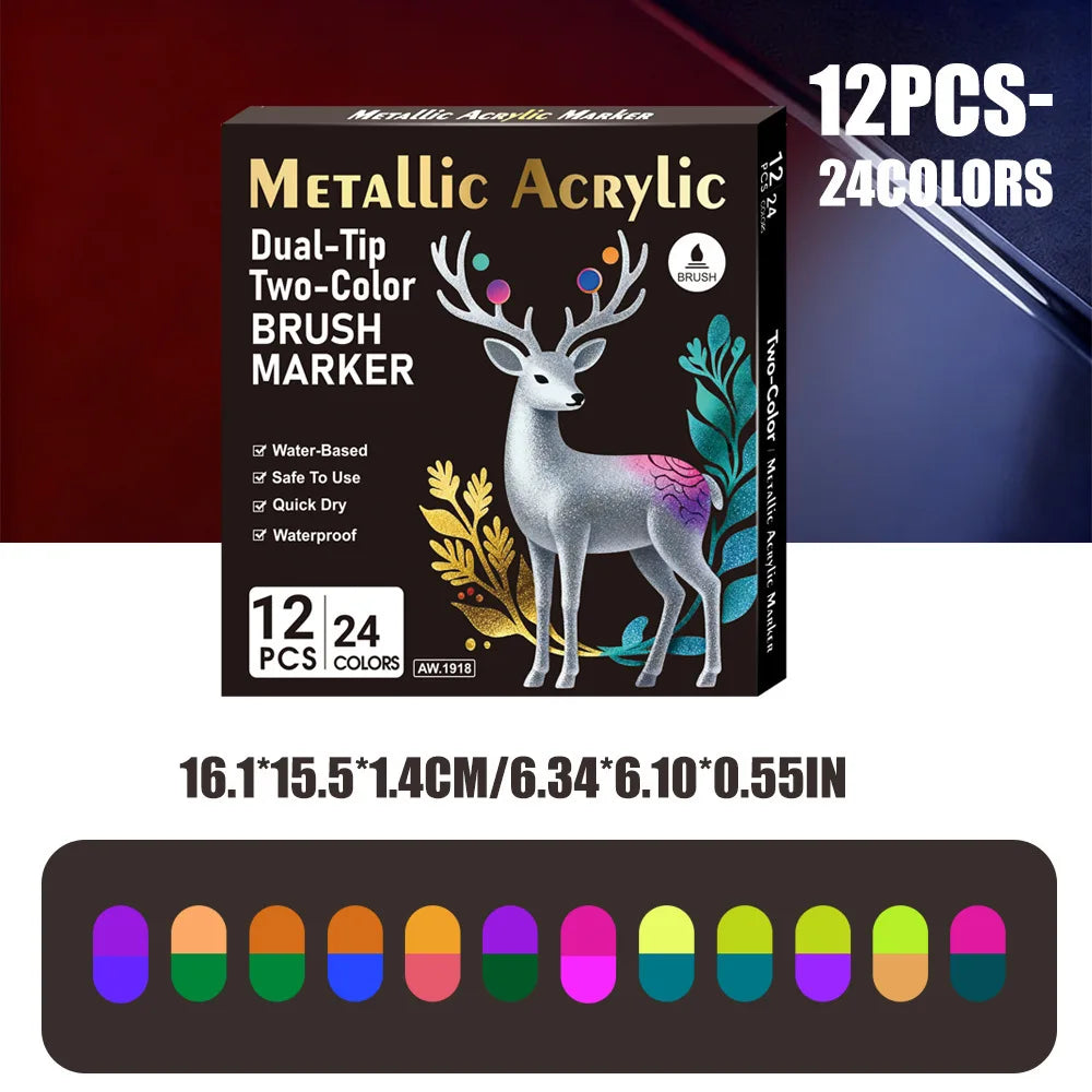 6-24 Pcs Dual Ended Metallic Acrylic Marker Two-color Touch-up Pen Waterproof Permanent for DIY Craft Drawing Graffiti Art Qme 12Pcs-24Colors
