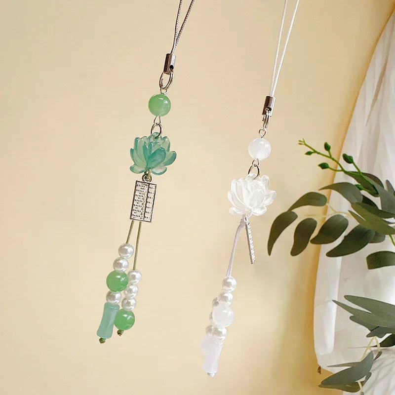 Lotus Flower Pendant Keychain Phone Chain Beads Decoration Chinese Qme